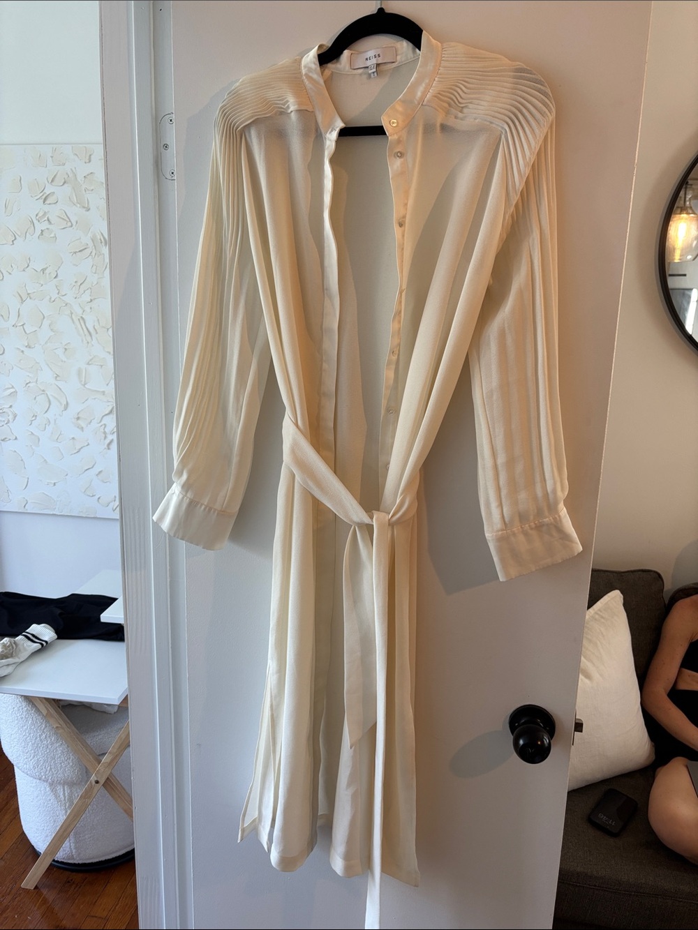 REISS Cream Sheer Pleated-Yoke Belted Long Beach Coverup Robe